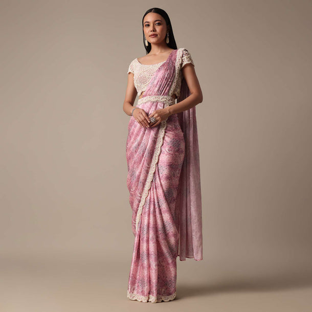 Pink Ready Pleated Muslin Saree With Embellished Blouse