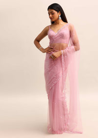 Pink Resham Work Net Saree With Unstitched Blouse