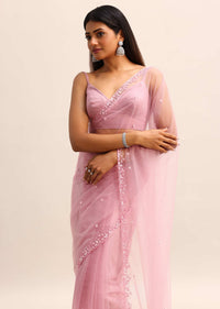 Pink Resham Work Net Saree With Unstitched Blouse