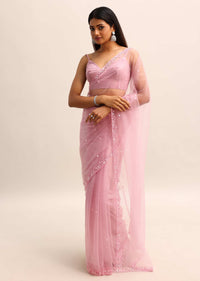 Pink Resham Work Net Saree With Unstitched Blouse