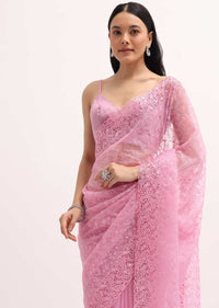 Pink Resham Work Organza Saree With Unstitched Blouse