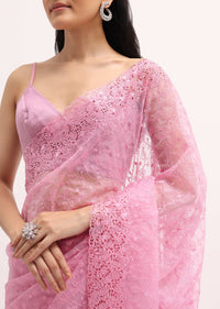 Pink Resham Work Organza Saree With Unstitched Blouse