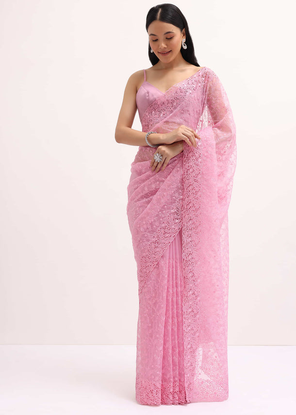 Pink Resham Work Organza Saree With Unstitched Blouse