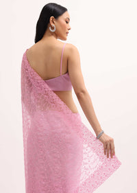 Pink Resham Work Organza Saree With Unstitched Blouse