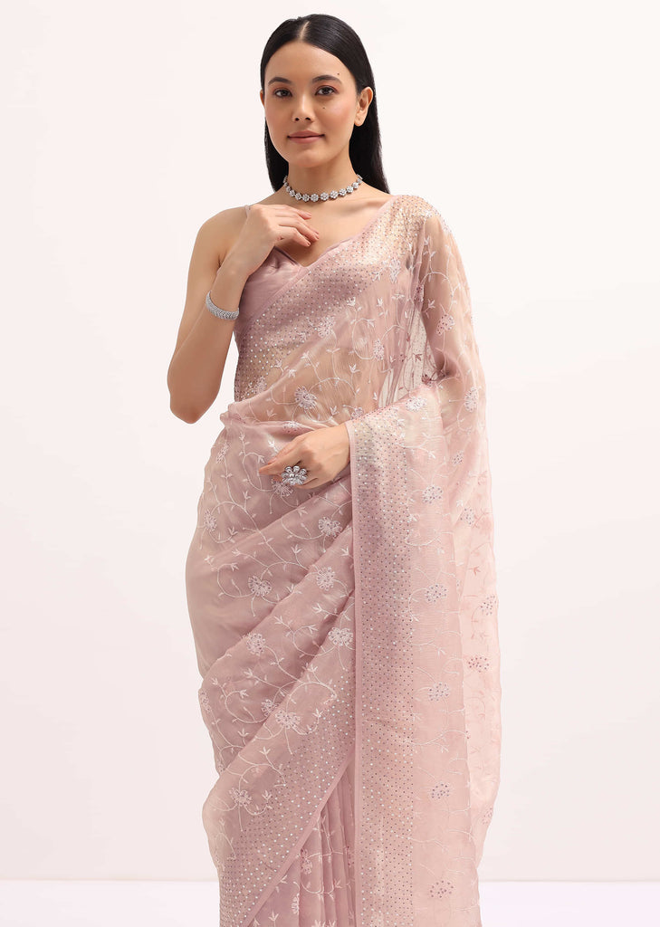 Pink Resham Work Tissue Saree With Unstitched Blouse