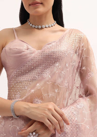 Pink Resham Work Tissue Saree With Unstitched Blouse