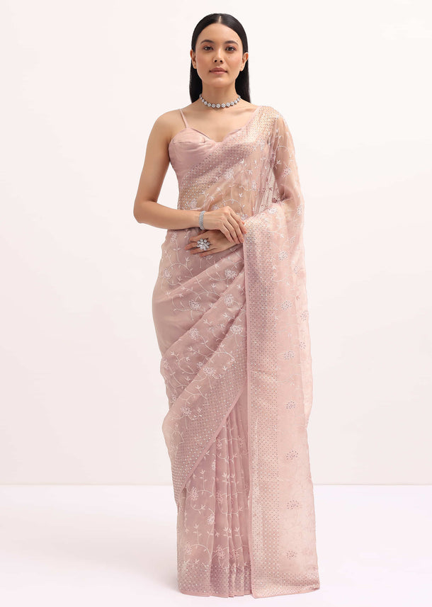 Pink Resham Work Tissue Saree With Unstitched Blouse