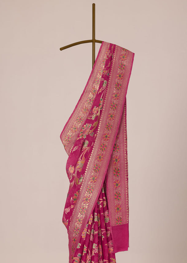 Pink Saree In Chanderi Crushed Silk Georgette With Zari Weave