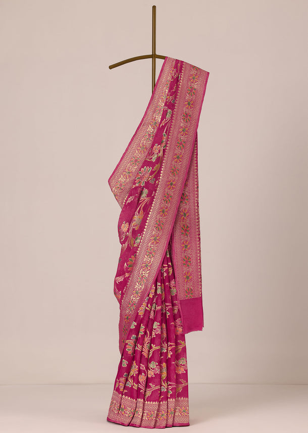 Pink Saree In Chanderi Crushed Silk Georgette With Zari Weave