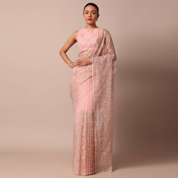 Pink Saree In Organza Silk With Chikankari Floral Work And Unstitched Blouse Fabric