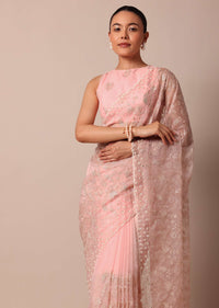Pink Saree In Organza Silk With Chikankari Floral Work And Unstitched Blouse Fabric