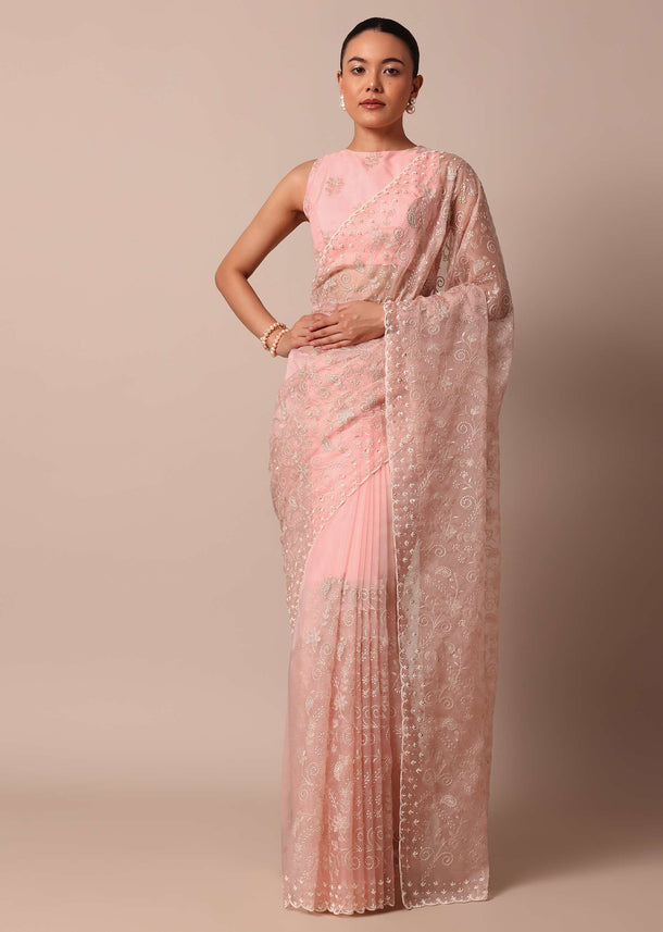 Pink Saree In Organza Silk With Chikankari Floral Work And Unstitched Blouse Fabric