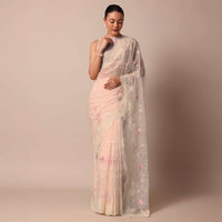 Pink Saree In Organza Silk With Chikankari Thread Embroidery And Unstitched Blouse Fabric