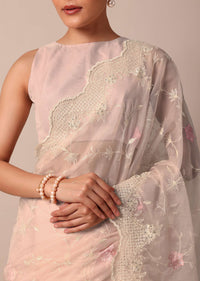 Pink Saree In Organza Silk With Chikankari Thread Embroidery And Unstitched Blouse Fabric