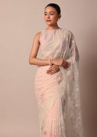Pink Saree In Organza Silk With Chikankari Thread Embroidery And Unstitched Blouse Fabric