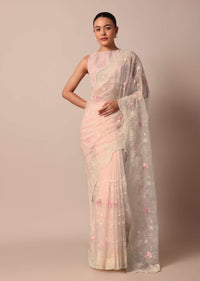 Pink Saree In Organza Silk With Chikankari Thread Embroidery And Unstitched Blouse Fabric
