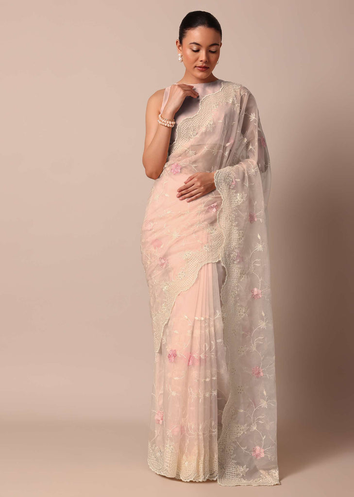 Pink Saree In Organza Silk With Chikankari Thread Embroidery And Unstitched Blouse Fabric