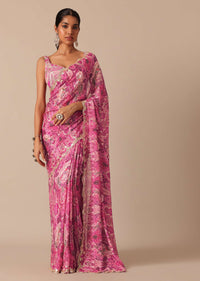 Pink Saree With Abstract Prints And Unstitched Blouse Piece