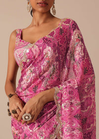 Pink Saree With Abstract Prints And Unstitched Blouse Piece