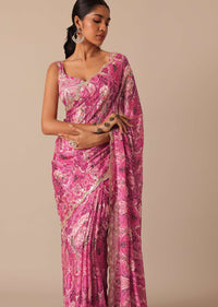 Pink Saree With Abstract Prints And Unstitched Blouse Piece