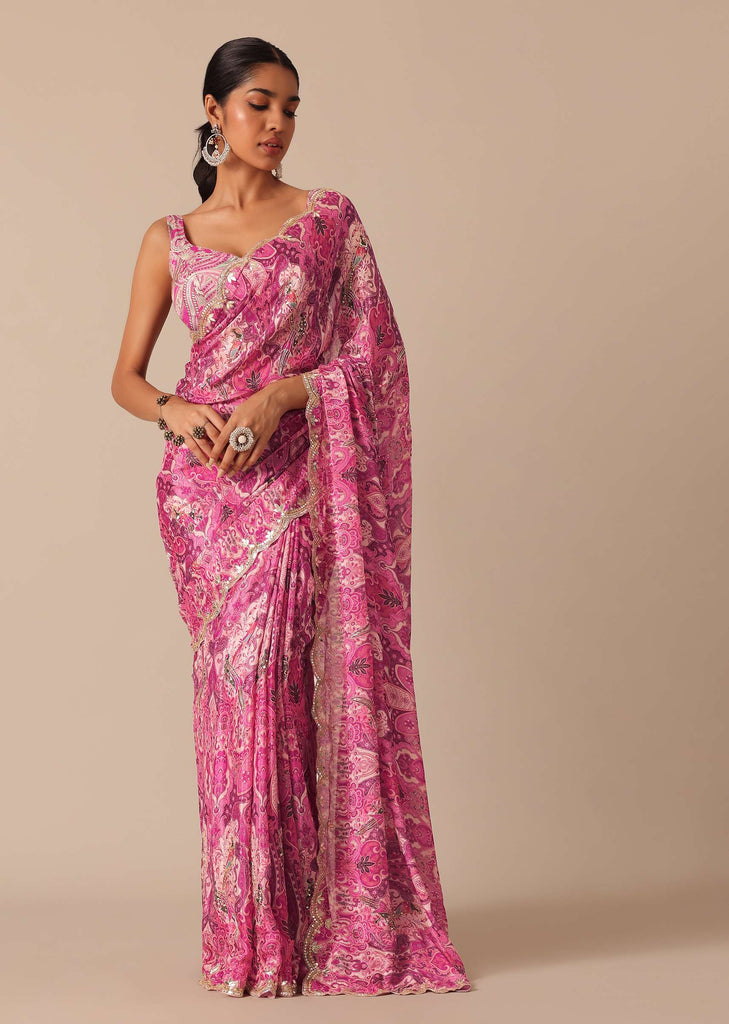 Pink Saree With Abstract Prints And Unstitched Blouse Piece