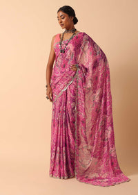 Pink Saree With Abstract Prints And Unstitched Blouse Piece