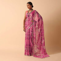 Pink Saree With Abstract Prints And Unstitched Blouse Piece