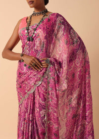 Pink Saree With Abstract Prints And Unstitched Blouse Piece