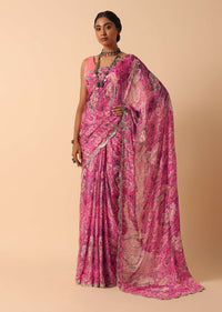 Pink Saree With Abstract Prints And Unstitched Blouse Piece