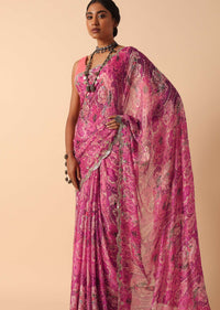 Pink Saree With Abstract Prints And Unstitched Blouse Piece