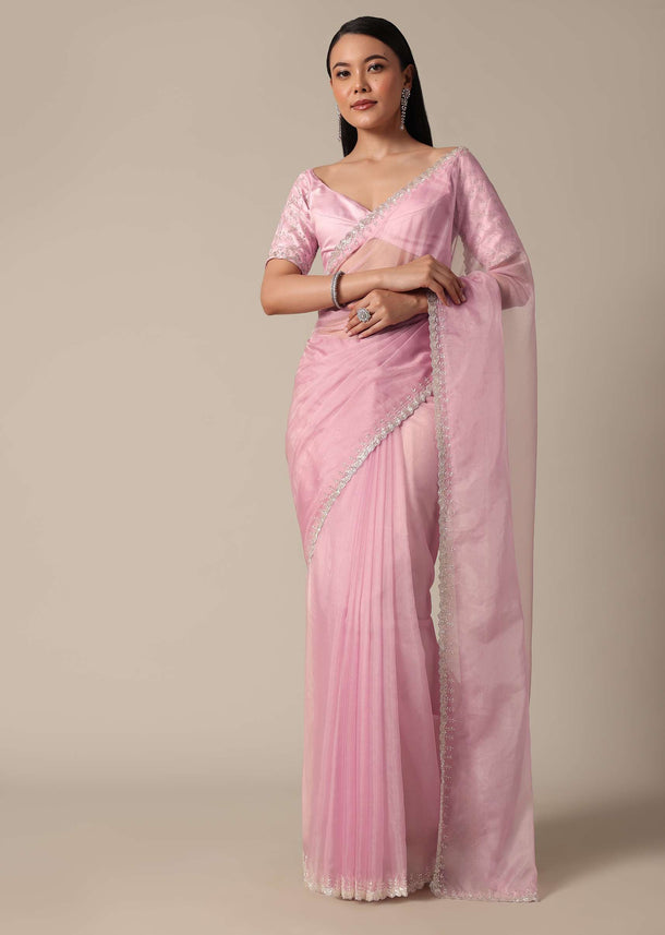 Pink Saree With Cut Dana Embellished Border Work