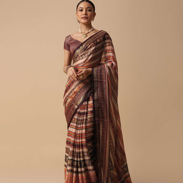 Pink Saree With Kalamkari Prints And Contrast Pallu With Unstitched Blouse