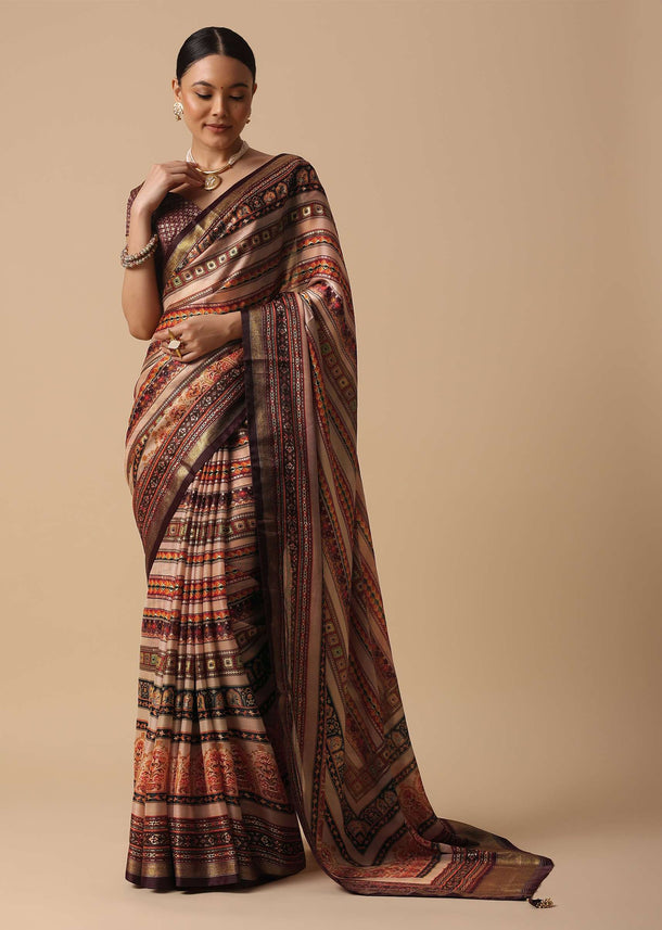 Pink Saree With Kalamkari Prints And Contrast Pallu With Unstitched Blouse