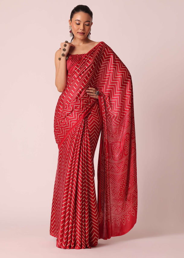 Red Satin Bandhani Print Saree With Unstitched Blouse Piece