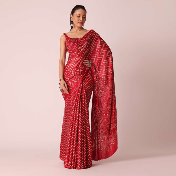 Red Satin Bandhani Print Saree With Unstitched Blouse Piece