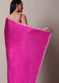 Pink Satin Chinon Saree With Floral Motif Scallop Border And Unstitched Blouse Piece