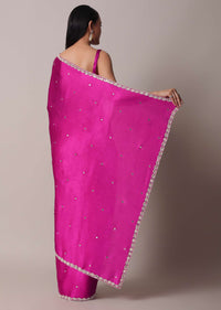 Pink Satin Chinon Saree With Floral Motif Scallop Border And Unstitched Blouse Piece