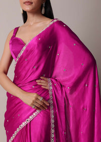 Pink Satin Chinon Saree With Floral Motif Scallop Border And Unstitched Blouse Piece