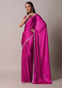 Pink Satin Chinon Saree With Floral Motif Scallop Border And Unstitched Blouse Piece