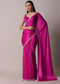 Pink Satin Chinon Saree With Floral Motif Scallop Border And Unstitched Blouse Piece