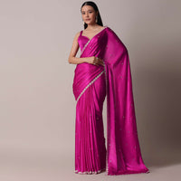 Pink Satin Chinon Saree With Floral Motif Scallop Border And Unstitched Blouse Piece