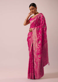 Pink Satin Organza Saree With Floral Jaal Weave