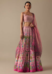 Pink Satin Printed Lehenga Set