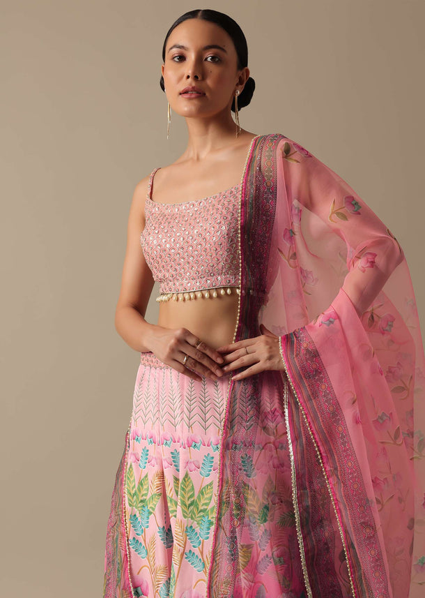 Pink Satin Printed Lehenga Set