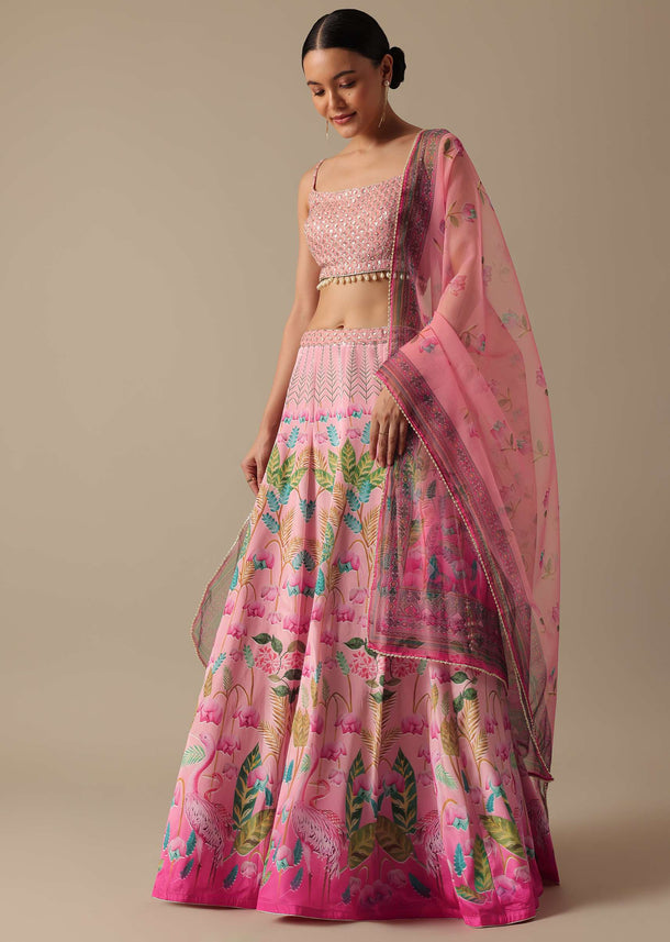 Pink Satin Printed Lehenga Set