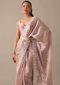 Pink Satin Saree With Belt And Unstitched Blouse Piece