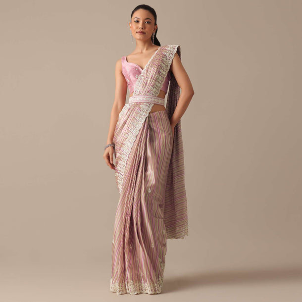 Pink Satin Saree With Belt And Unstitched Blouse Piece