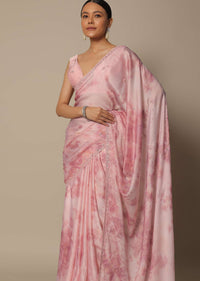 Pink Satin Saree With Shibhori Print And Unstitched Blouse Piece