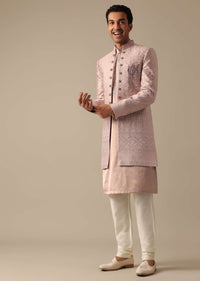 Pink Satin Silk Sherwani And Kurta Set