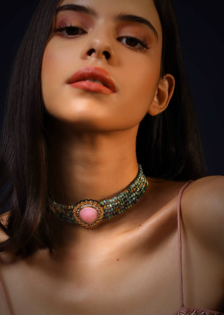 Pink Semi Precious Stone Necklace With Multiple Strands Of Green Agate Beads